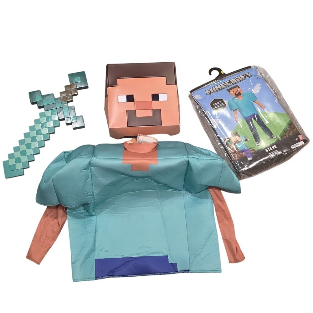 Minecraft Steve Child Costume With Sword, Mask, shirt For Ages 7-8